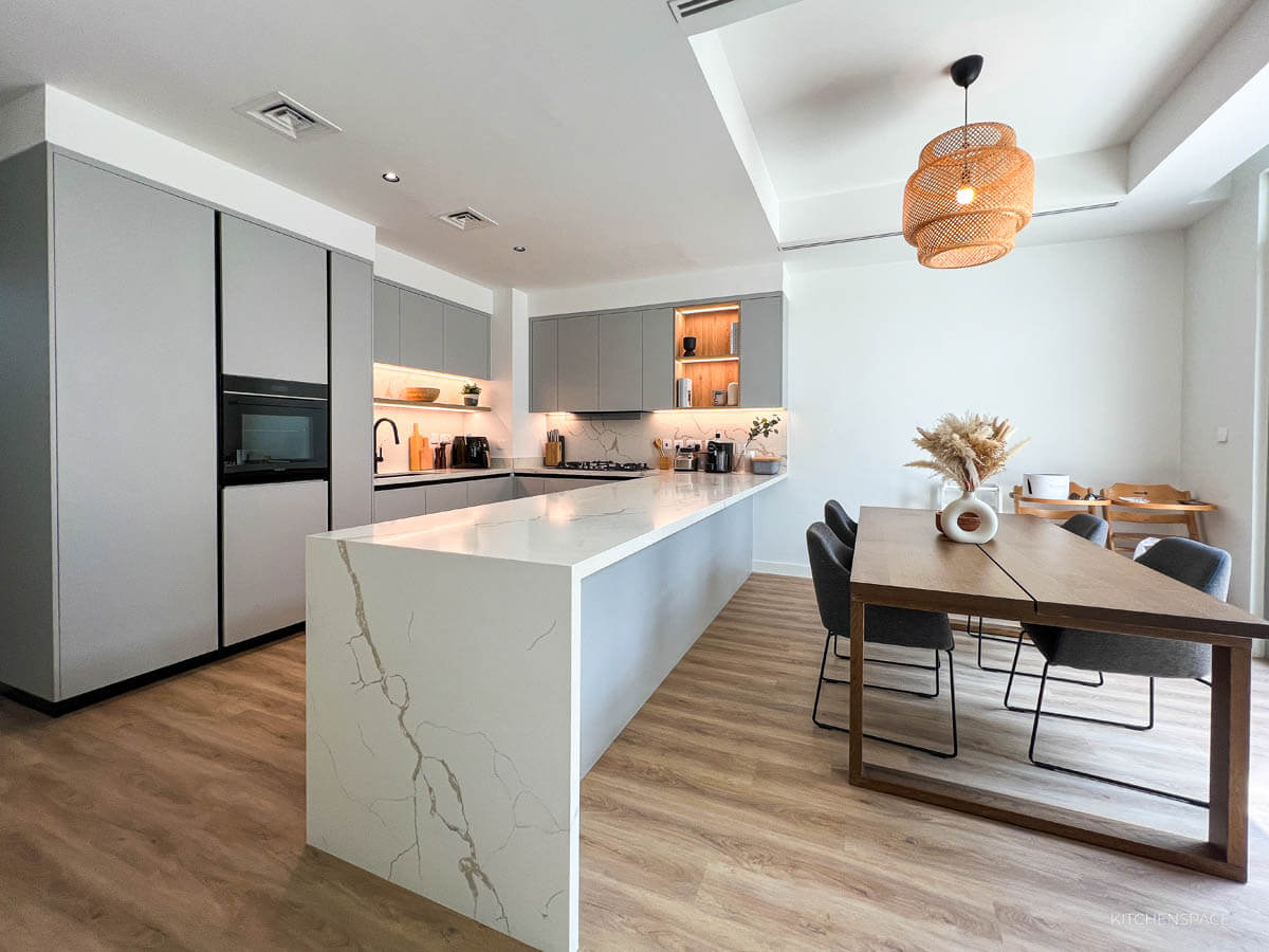 Modern Grey Kitchen  with Waterfall Island